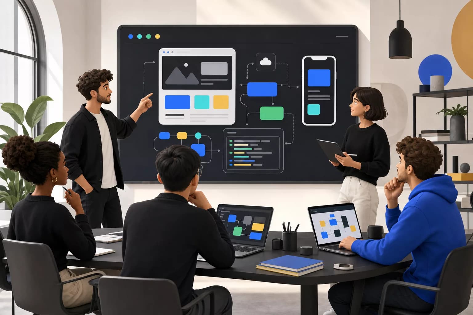 Ilustrim 3D i ekipit Creos duke planifikuar website, AI dhe software në një studio digjitale